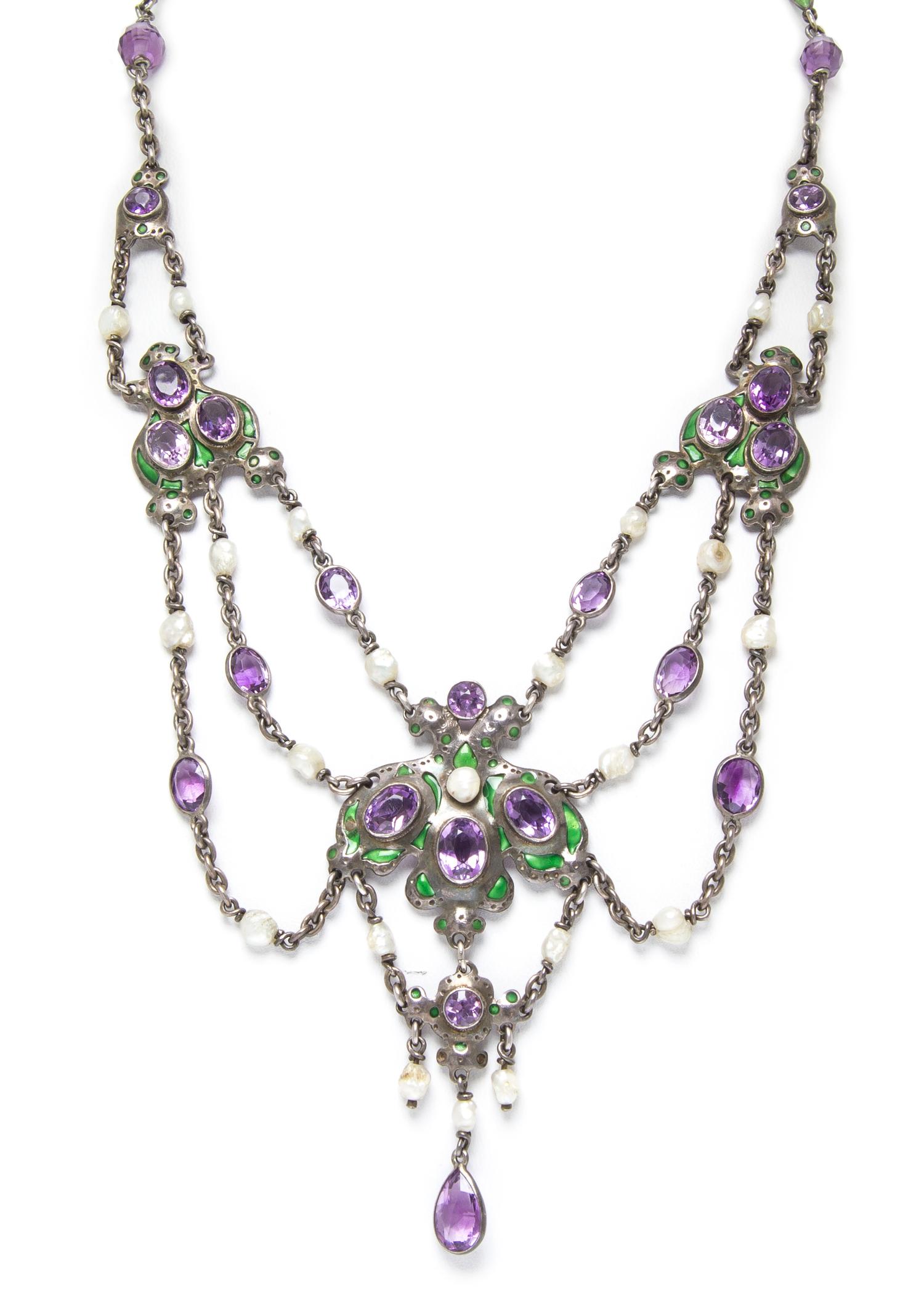 A Silver, Amethyst, Pearl and Enamel Swag Necklace, 22.50 dwts.
