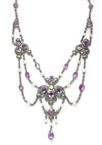A Silver, Amethyst, Pearl and Enamel Swag Necklace, 22.50 dwts.
