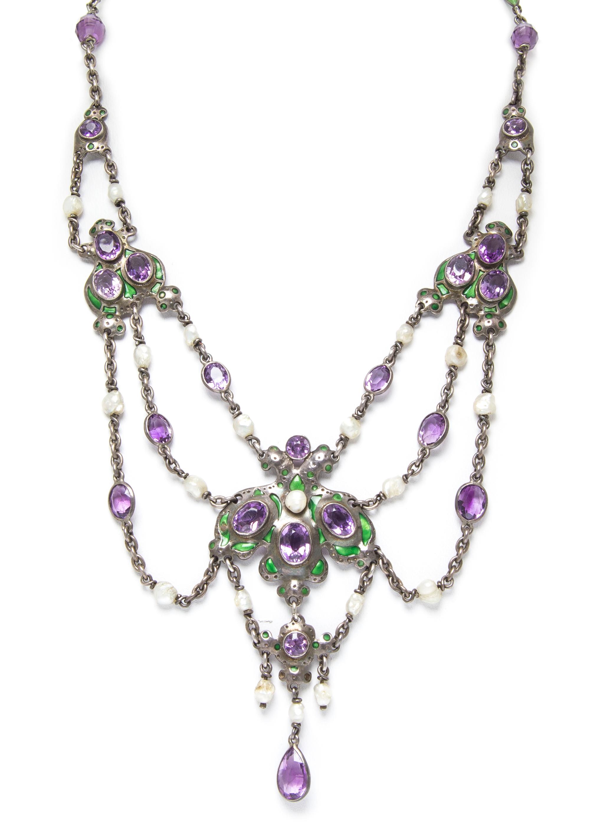 A Silver, Amethyst, Pearl and Enamel Swag Necklace, 22.50 dwts.