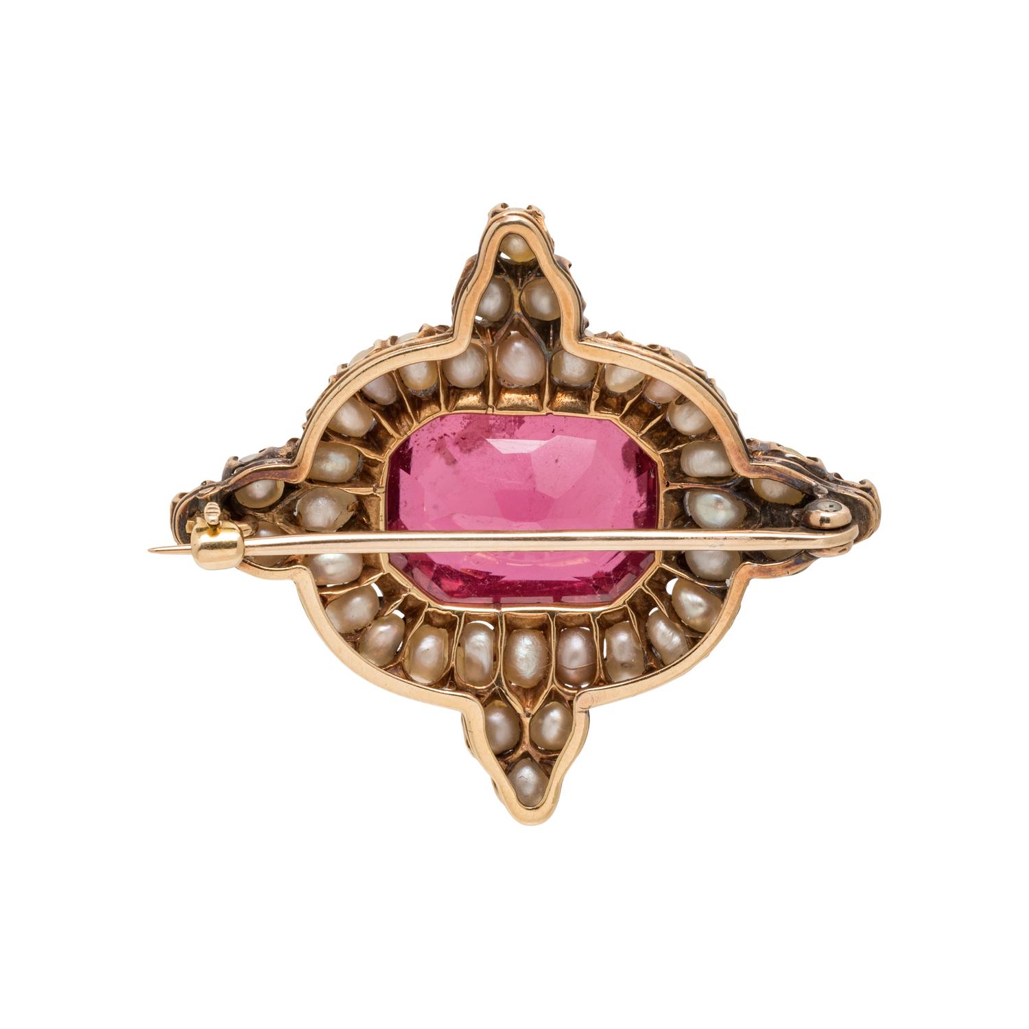 ANTIQUE, PINK TOURMALINE AND SEED PEARL BROOCH