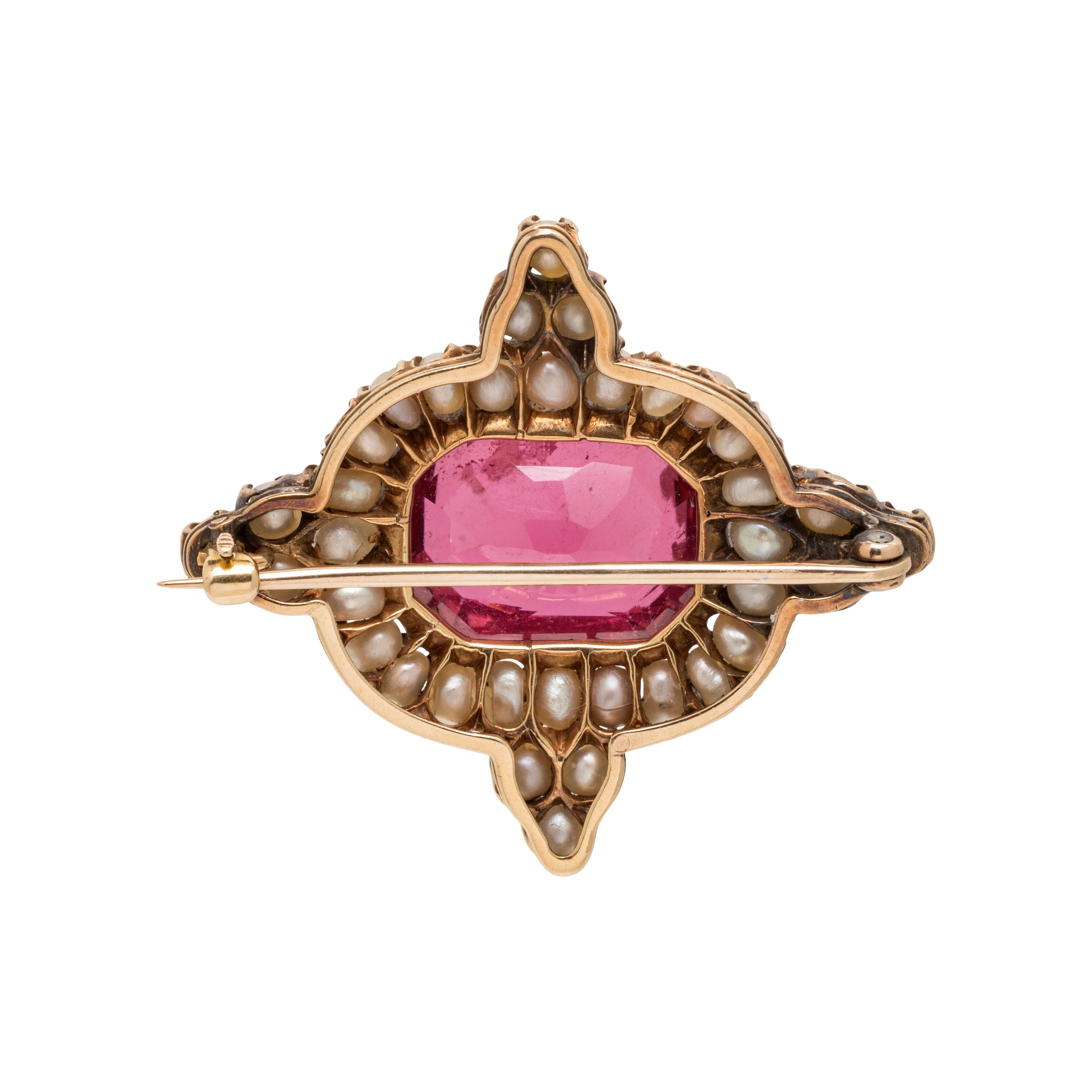 ANTIQUE, PINK TOURMALINE AND SEED PEARL BROOCH
