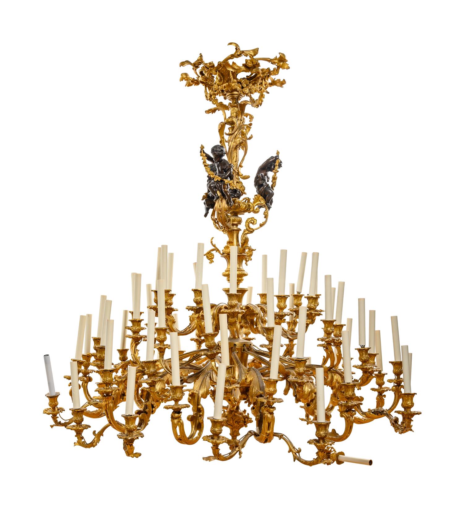 A Massive Louis XV Style Gilt Bronze Figural Sixty-Light Chandelier