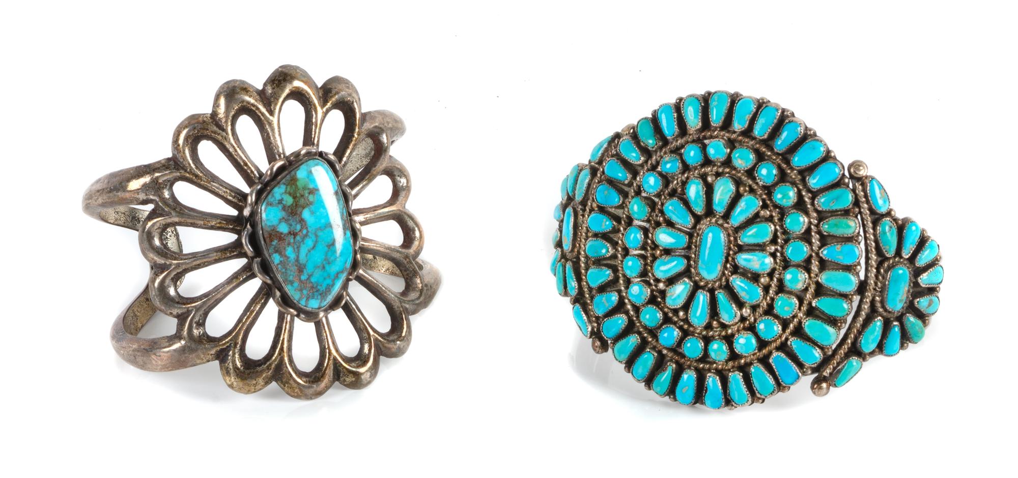 Two Silver and Turquoise Cuff Bracelets Length of largest 6 x opening 1 3/8 x width 2 1/2 inches.