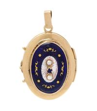 A 14 Karat Yellow Gold, Polychrome Enamel, Seed Pearl, and Sapphire Locket, 11.00 dwts.