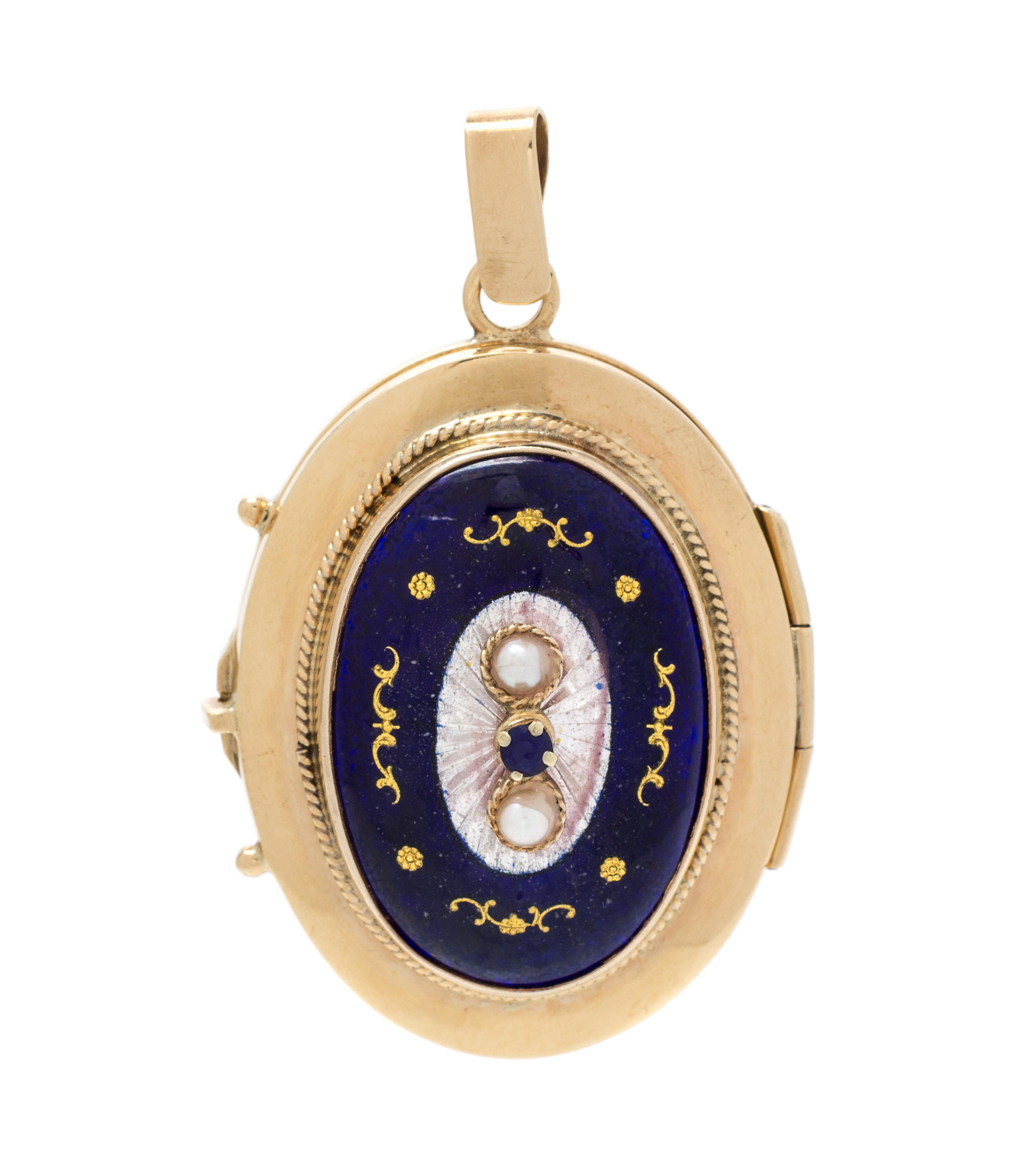A 14 Karat Yellow Gold, Polychrome Enamel, Seed Pearl, and Sapphire Locket, 11.00 dwts.