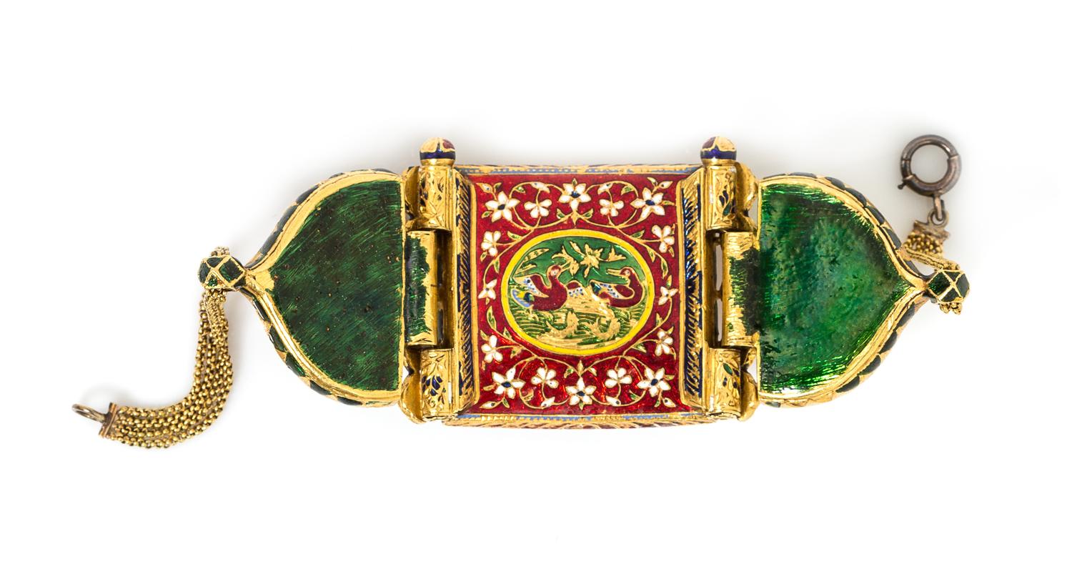 A High Karat Gold, Ruby and Polychrome Enamel Bazuband Bracelet, Indian, 42.50 dwts.