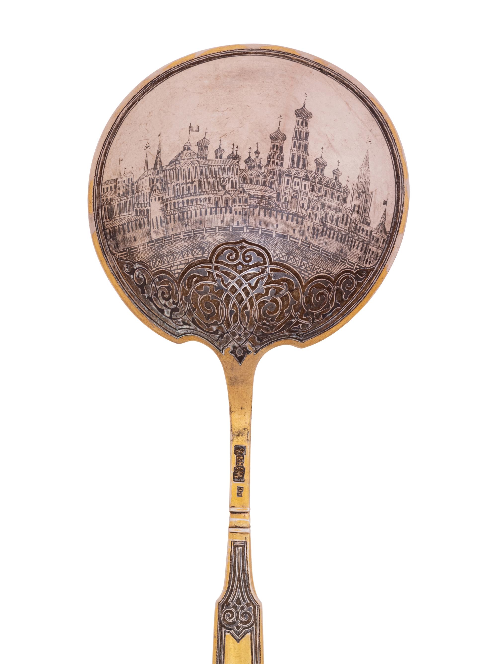 A Pair of Russian Niello Silver-Gilt Serving Spoons