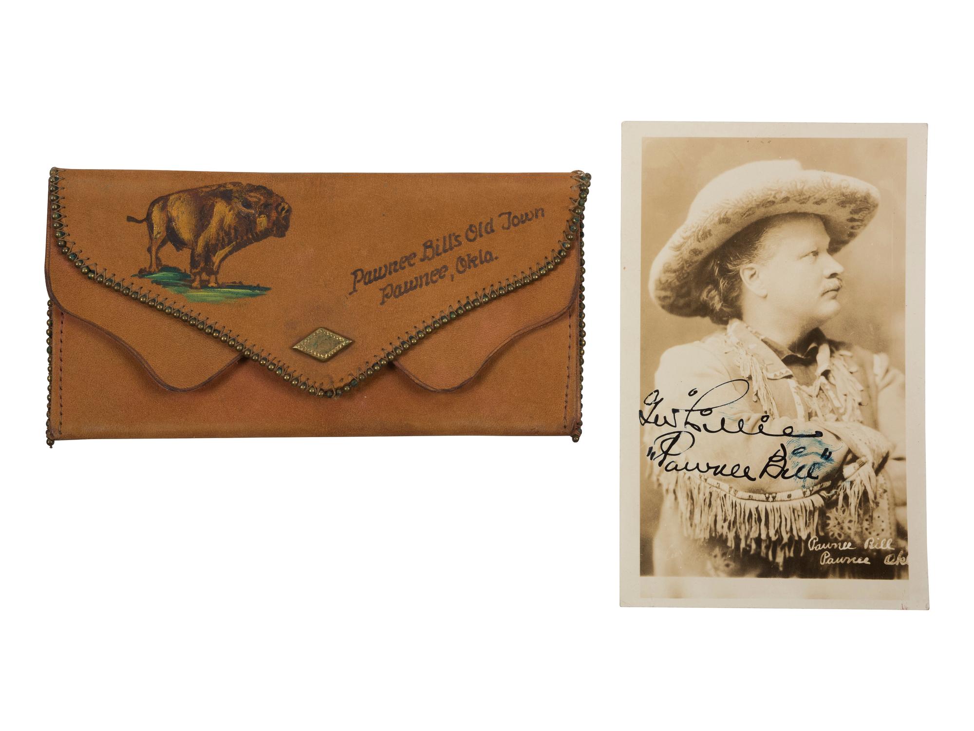 [WILD WEST SHOWS] -- [LILLIE, Gordon W. "Pawnee Bill" (1860-1942)]. A group of 2 items signed by "Pawnee Bill," including wallet and real photo postcard.
