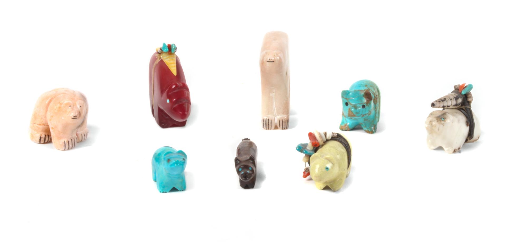 Eight Carved Zuni Bear Fetishes Height of largest 2 x length 2 3/8 inches