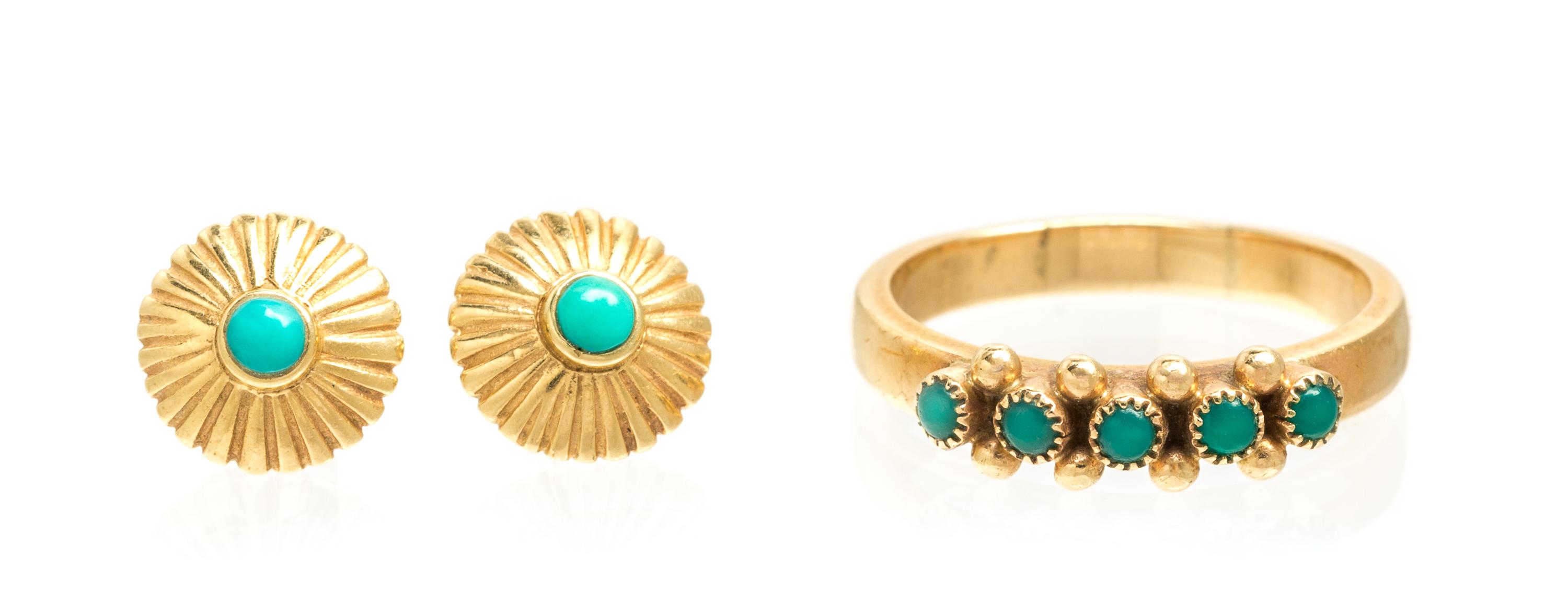A Collection of 14 Karat Yellow Gold and Turquoise Jewelry, 9.90 dwts.