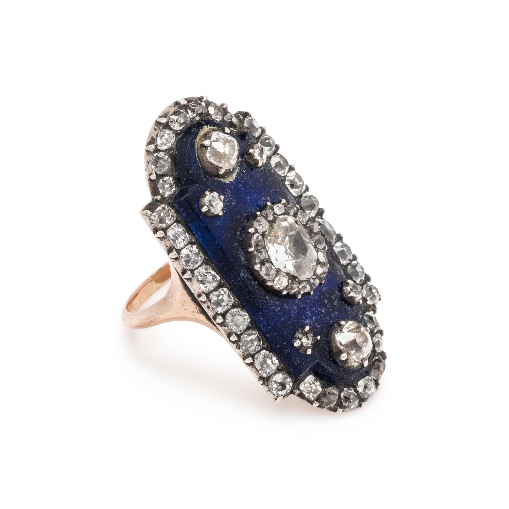 ANTIQUE, DIAMOND AND BLUE GLASS RING
