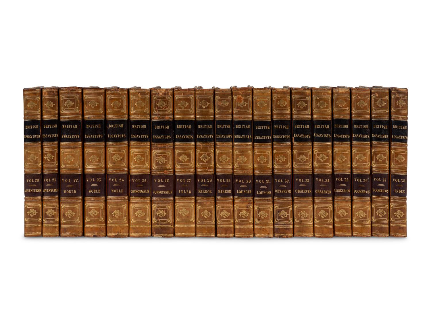 [BINDINGS]. A group of approximately 76 volumes, most in contemporary leather bindings, including works related to British history, illustration, and literature, comprising: