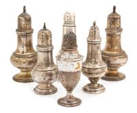 A Group of Six American Sterling Standing Salt and Peppers, Various Makers, comprising one pair and four single, one of which is weight