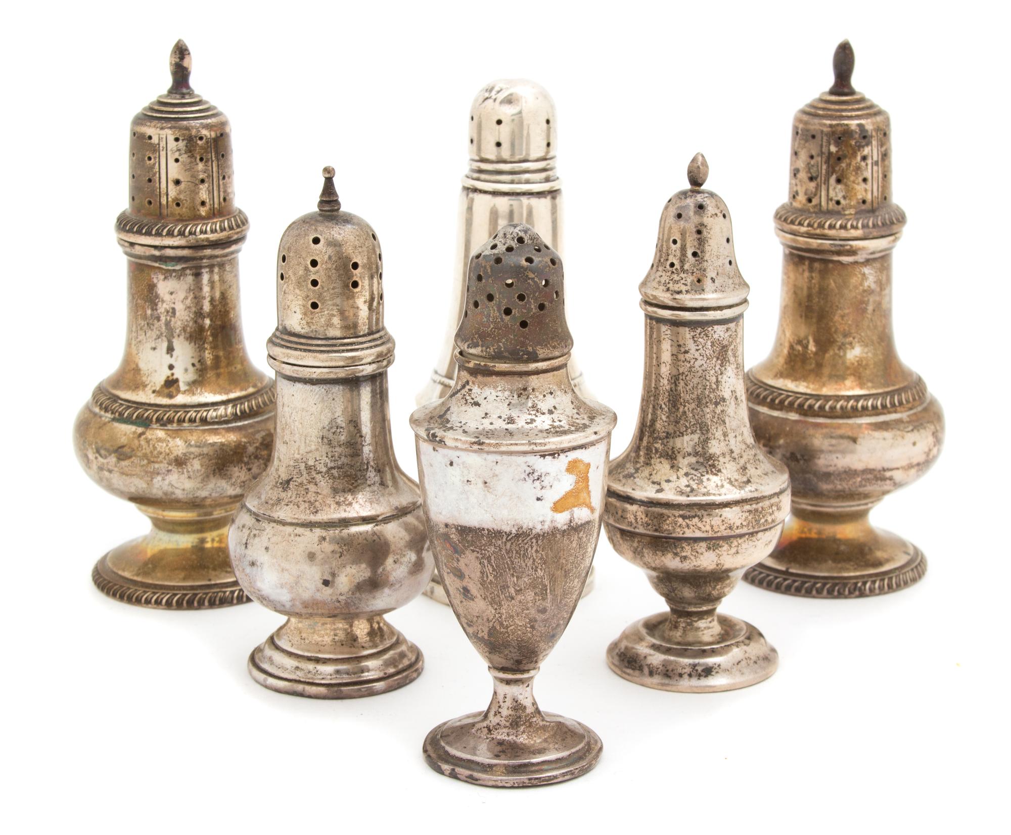 A Group of Six American Sterling Standing Salt and Peppers, Various Makers, comprising one pair and four single, one of which is weight