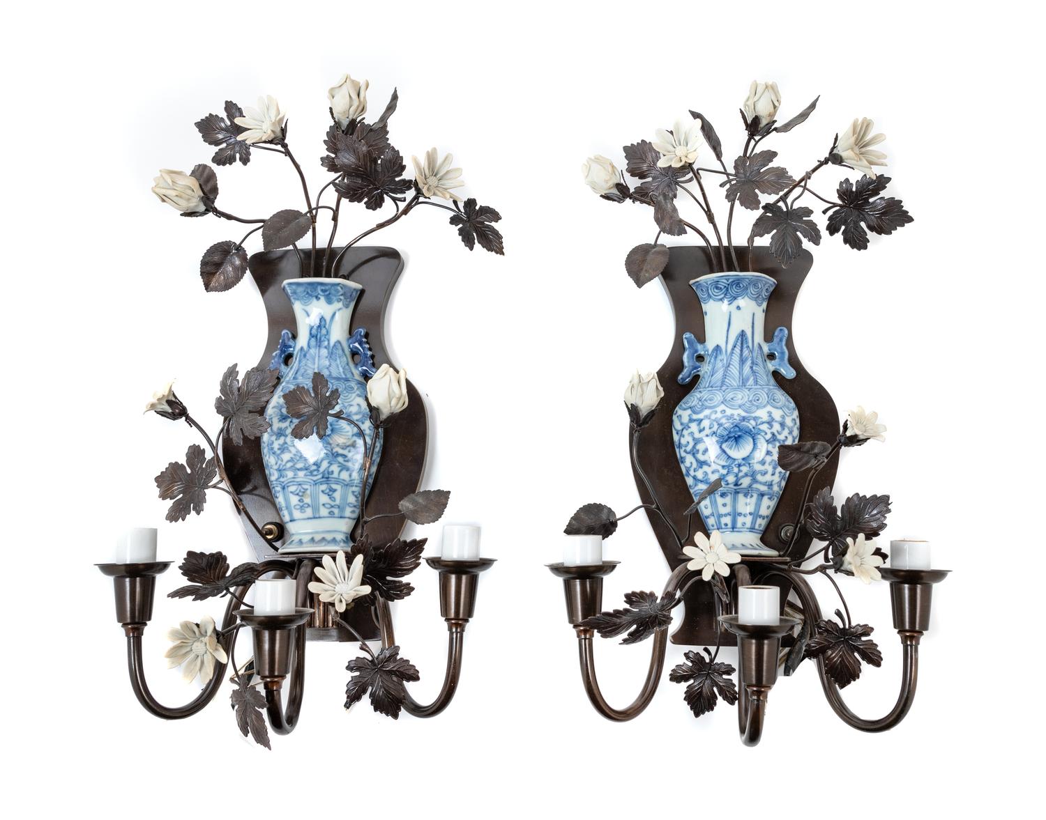 A Pair of Chinese Blue and White Porcelain Wall Vases