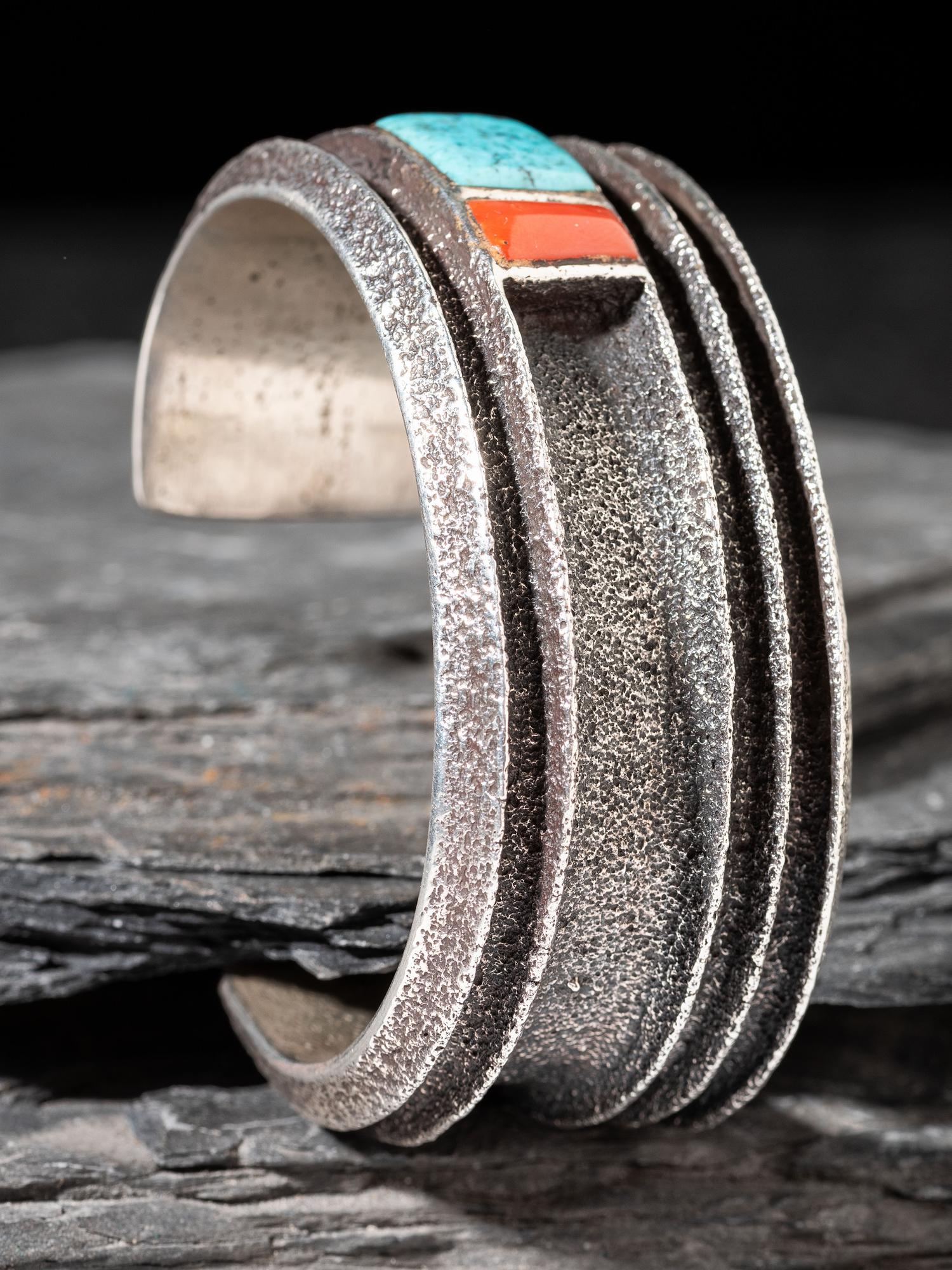 Tufa Cast Silver Cuff Bracelet, with Coral and Turquoise