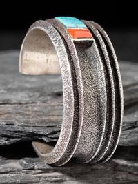 Tufa Cast Silver Cuff Bracelet, with Coral and Turquoise