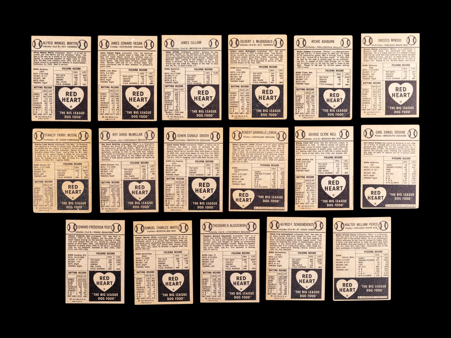 A Group of 17 1954 Red Heart Dog Food Baseball Cards (Including Stan Musial and Duke Snider),