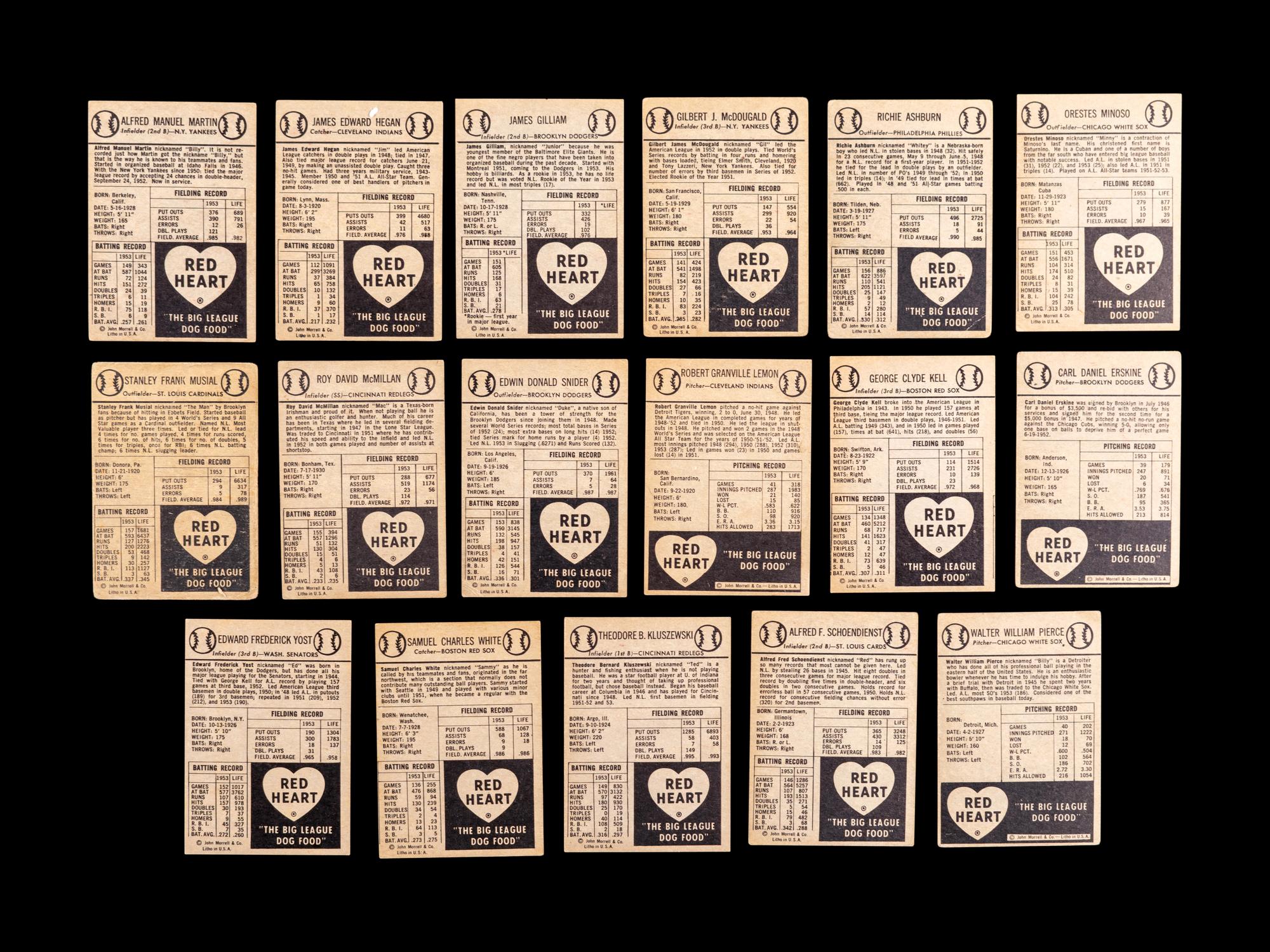 A Group of 17 1954 Red Heart Dog Food Baseball Cards (Including Stan Musial and Duke Snider),