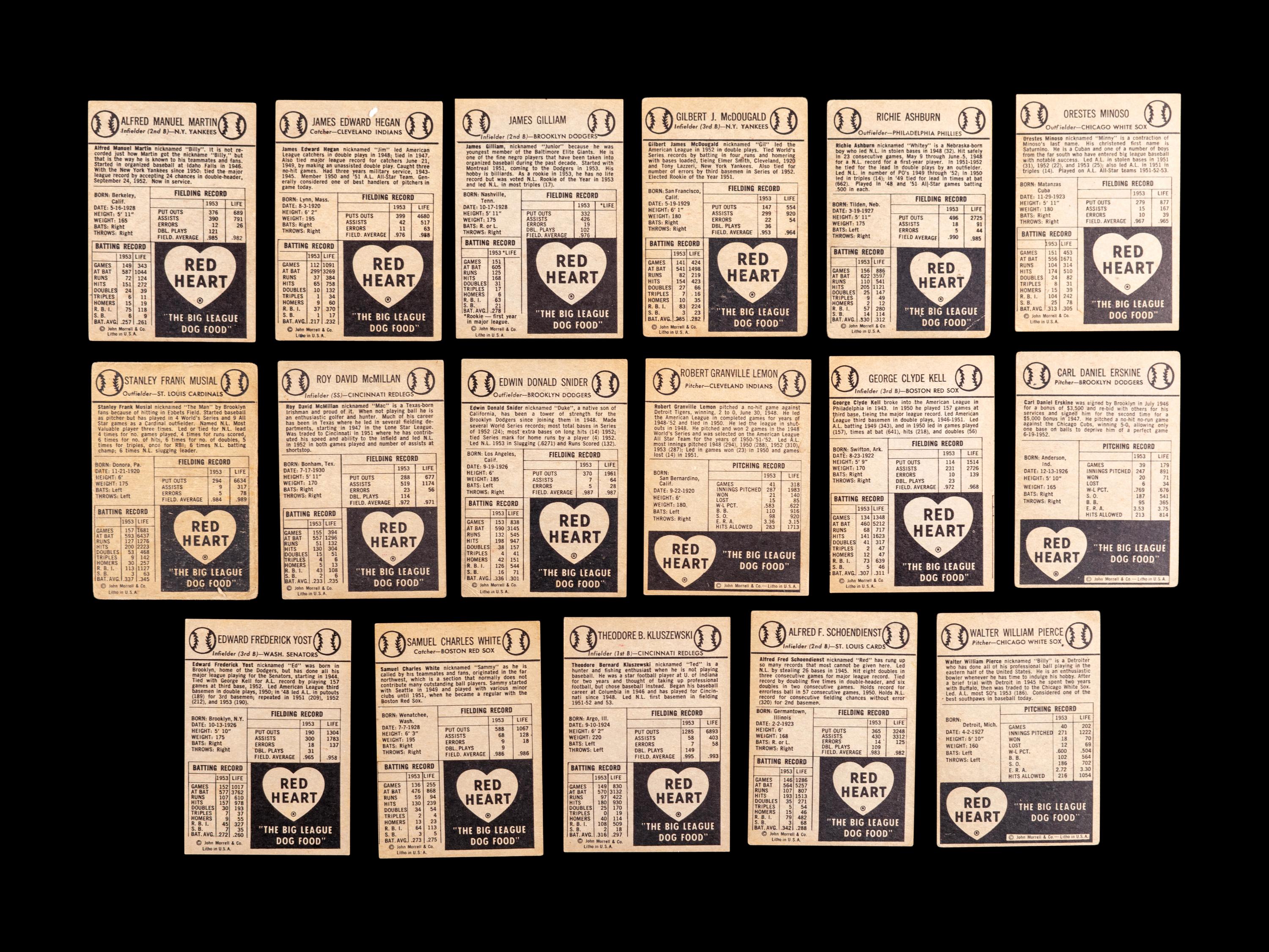 A Group of 17 1954 Red Heart Dog Food Baseball Cards (Including Stan Musial and Duke Snider),