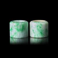 An Associated Pair of Chinese Apple Green and Celadon Jadeite Archer’s Rings, Late Qing/Republic Period 晚清-民國 翡翠扳指兩枚