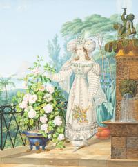 Oriental Lady with Roses on a Terrace