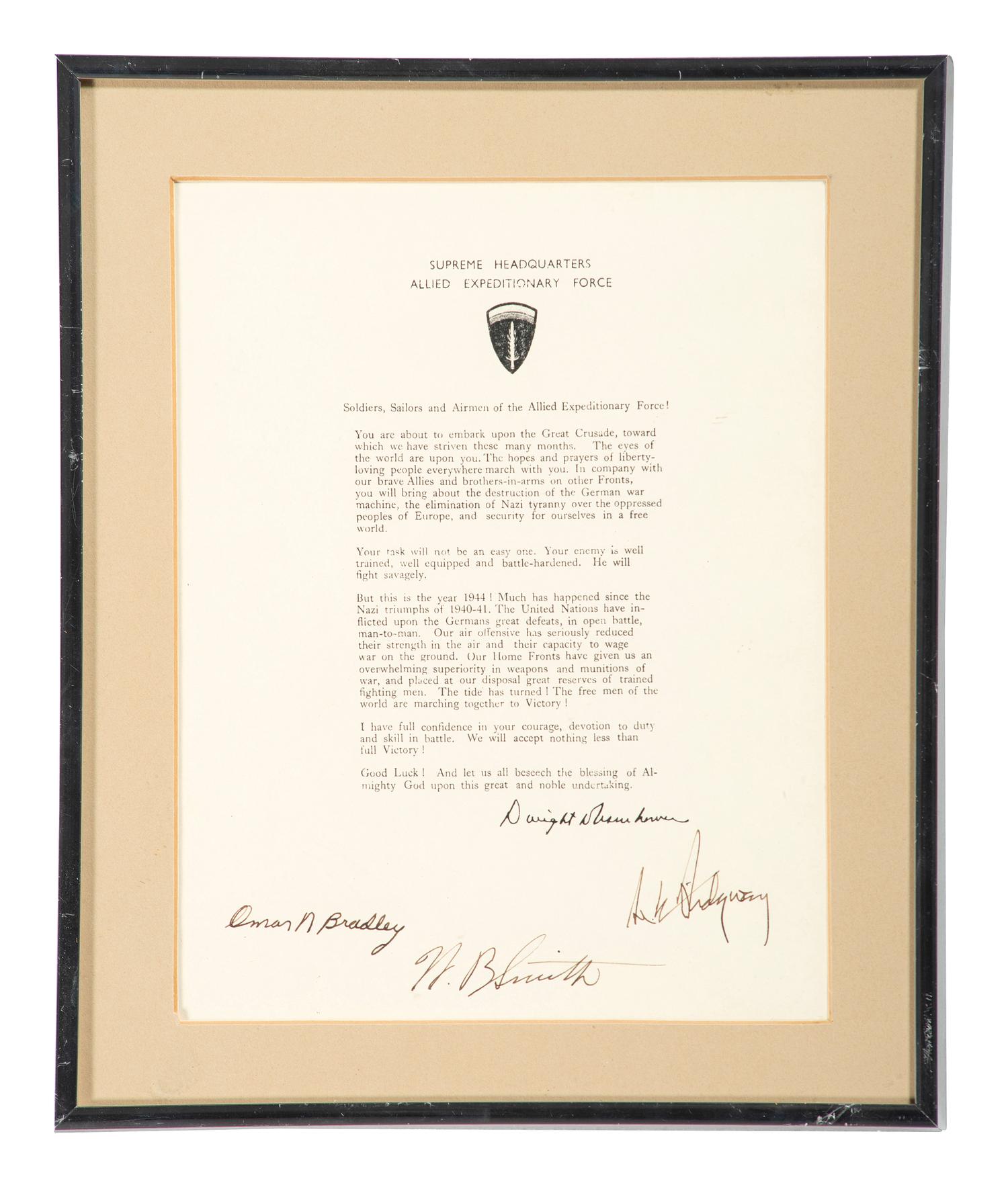 [EISENHOWER, Dwight D.]. Copy of Eisenhower's Order of the Day issued to US servicemen on 5 June 1944, signed by Omar BRADLEY, Walter Bedell SMITH, and Matthew B. RIDGWAY.