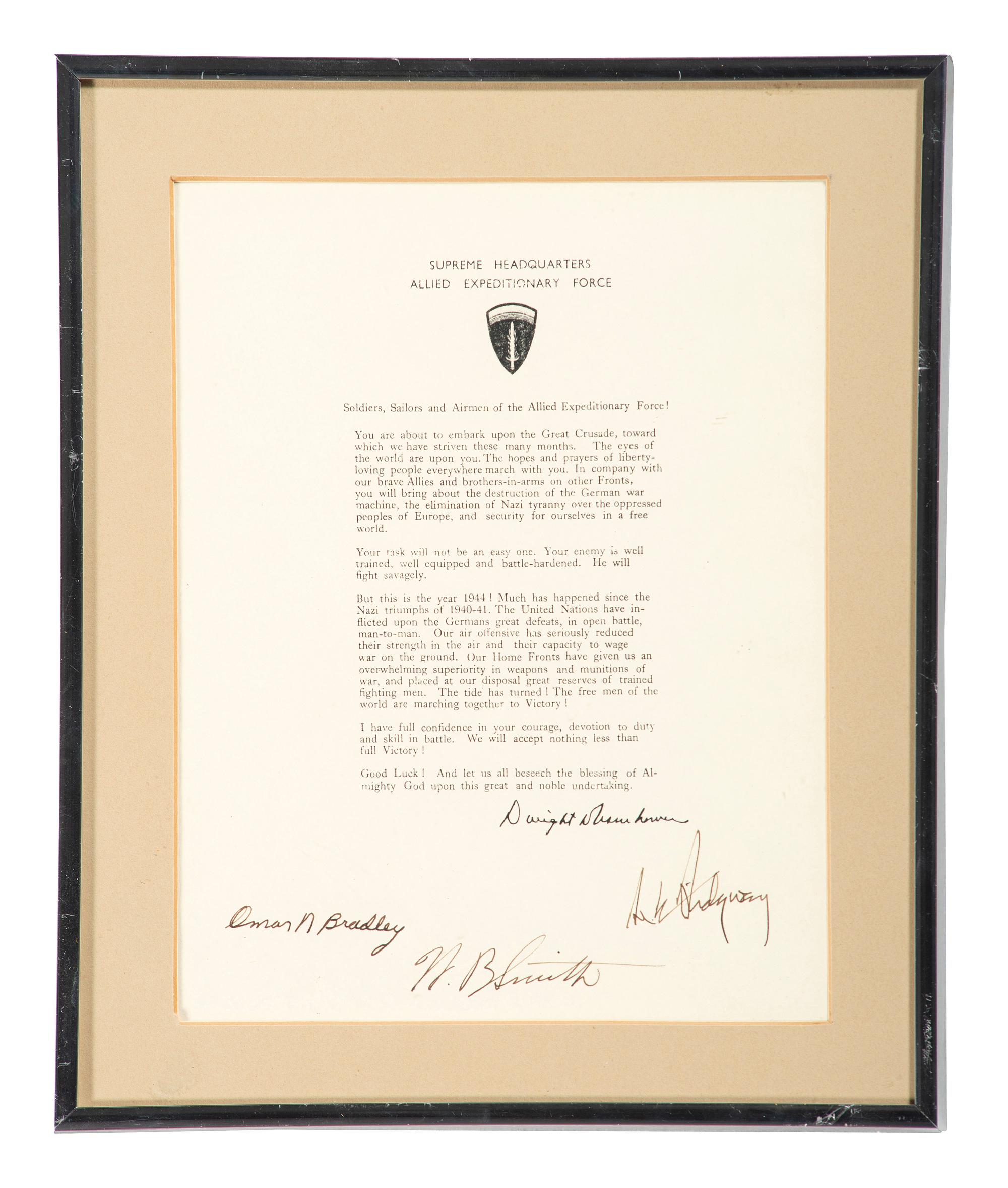 [EISENHOWER, Dwight D.]. Copy of Eisenhower's Order of the Day issued to US servicemen on 5 June 1944, signed by Omar BRADLEY, Walter Bedell SMITH, and Matthew B. RIDGWAY.