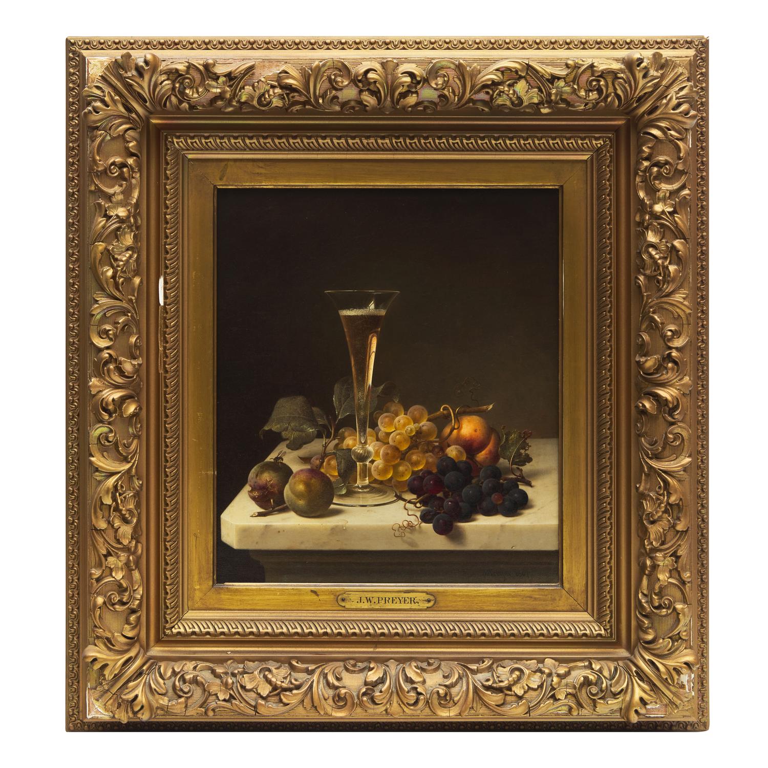Johann Wilhelm Preyer (German, 1803-1889) — Still Life with Champagne Flute, Greengages, Peach, and Grapes , 1867
