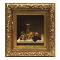 Johann Wilhelm Preyer (German, 1803-1889) — Still Life with Champagne Flute, Greengages, Peach, and Grapes , 1867
