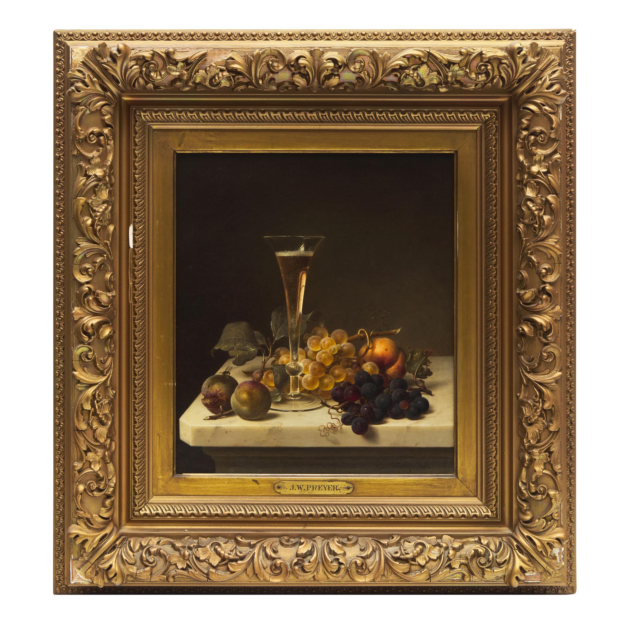 Johann Wilhelm Preyer (German, 1803-1889) — Still Life with Champagne Flute, Greengages, Peach, and Grapes , 1867