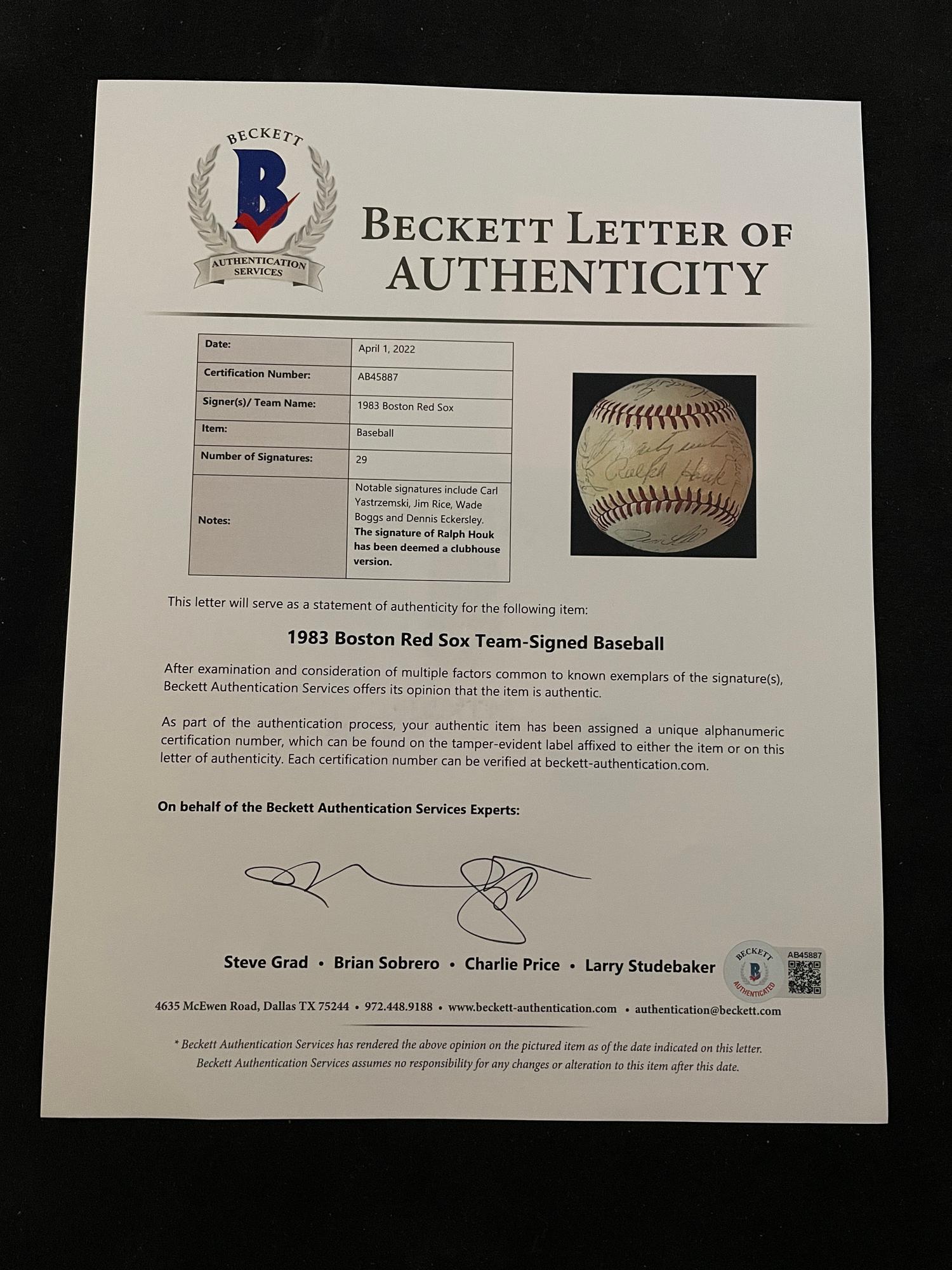 A 1983 Boston Red Sox Team Signed Autograph Baseball with 29 Signatures (Beckett Authentication Services Letter BAS Certified),