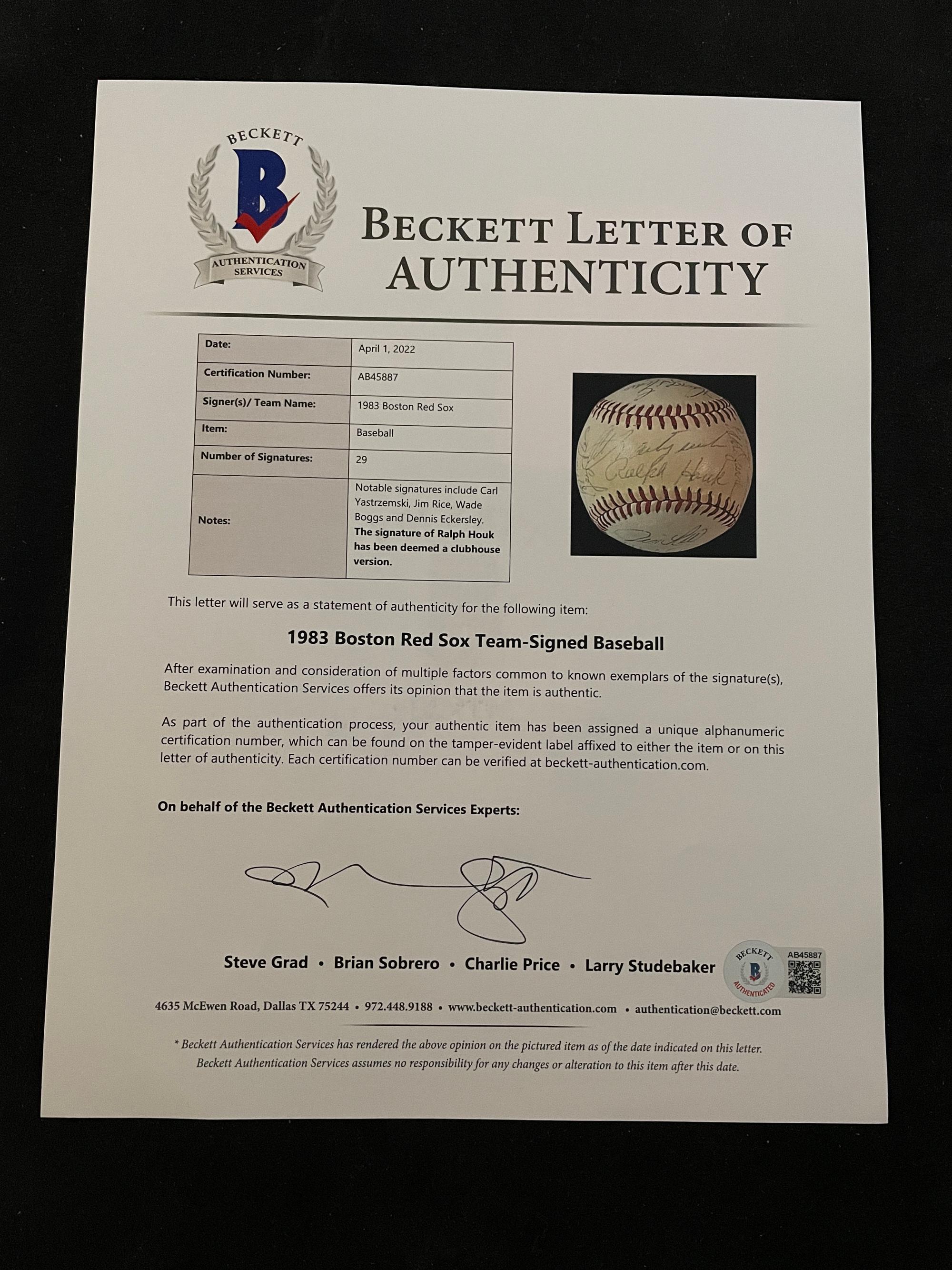 A 1983 Boston Red Sox Team Signed Autograph Baseball with 29 Signatures (Beckett Authentication Services Letter BAS Certified),