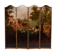 A French Painted Leather Four-Panel Floor Screen
