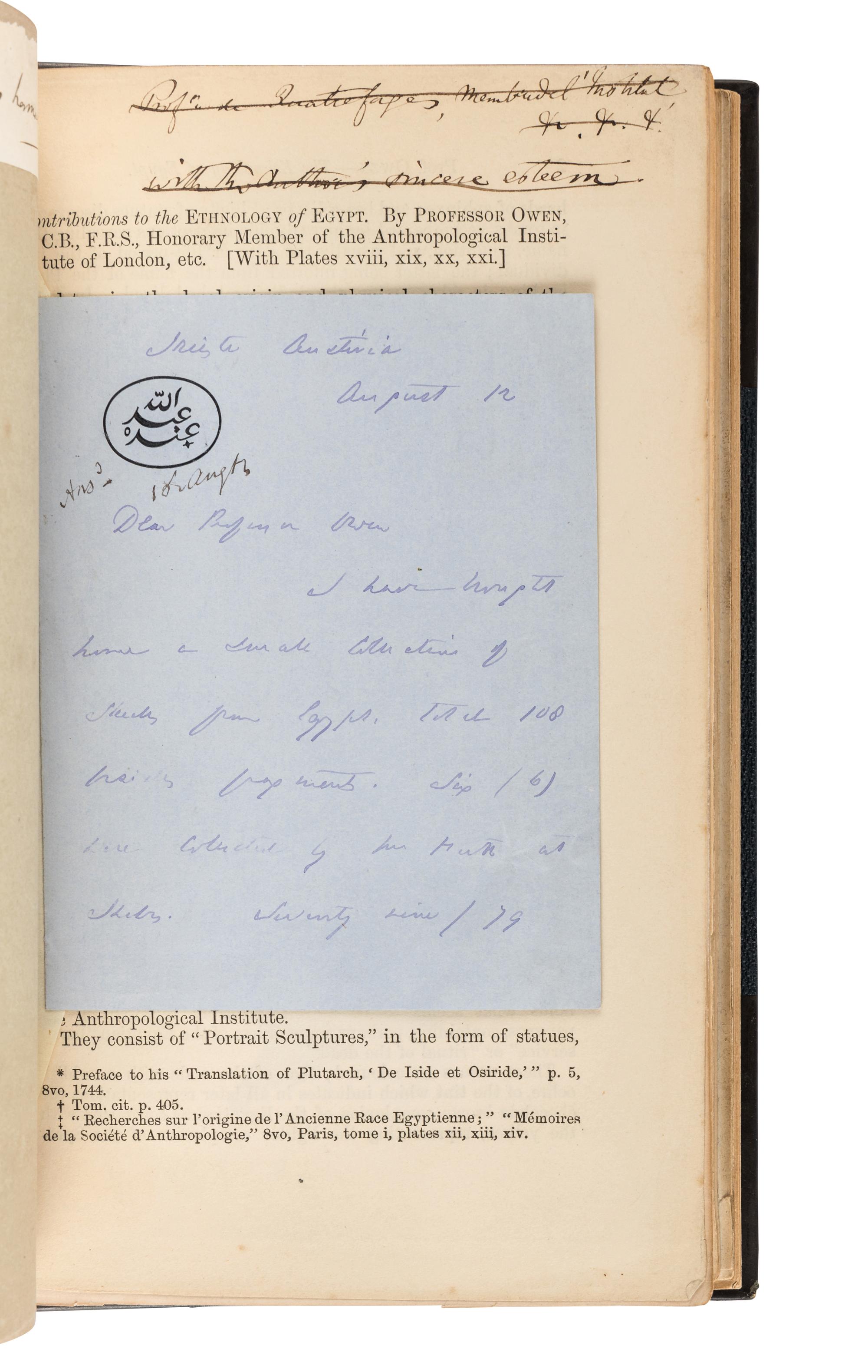 [BURTON, Francis, Sir (1821-1890)]. The Anthropological Review . Numerous extracted articles by Burton, bound with an ALS.