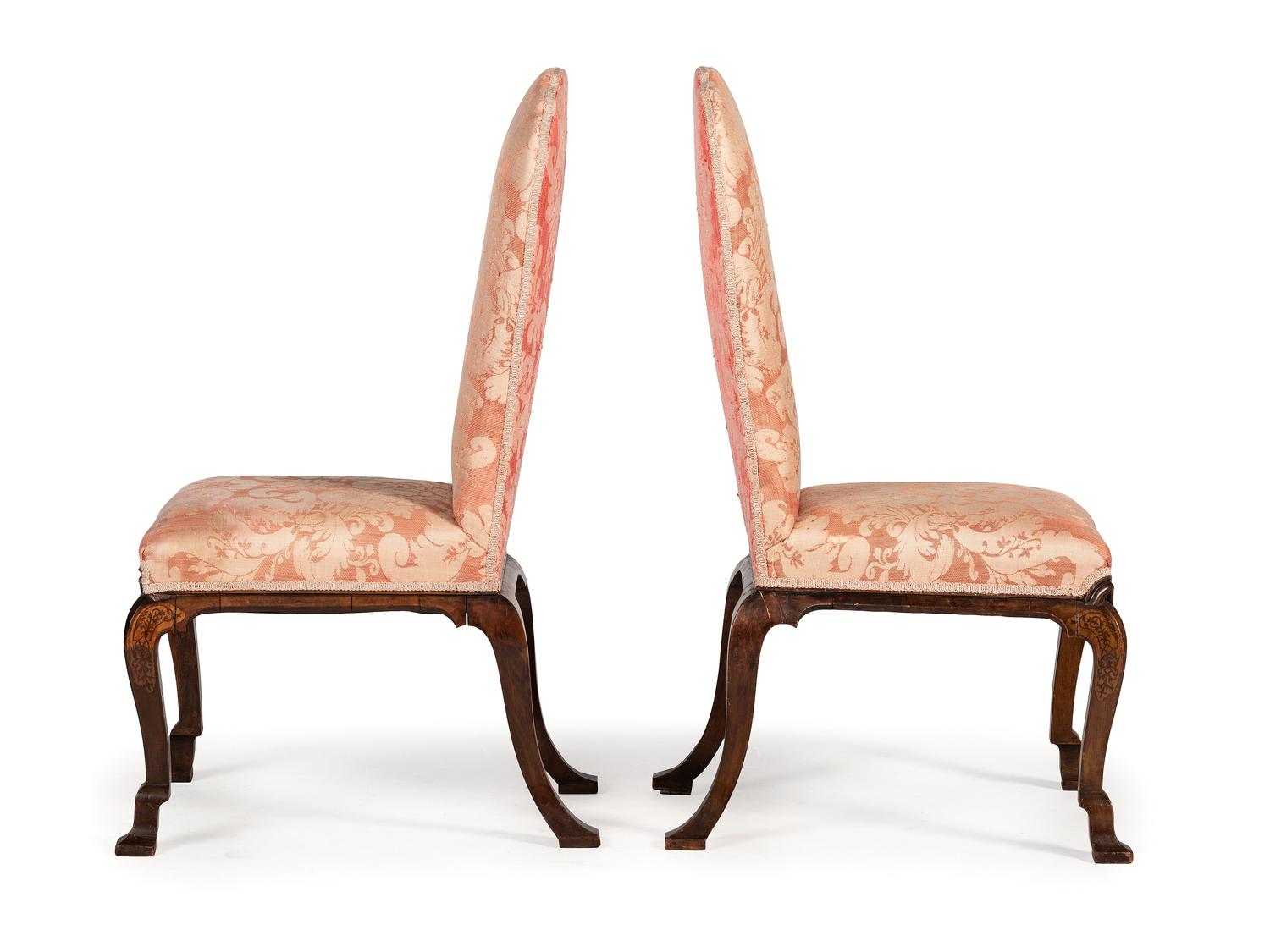 A Pair of William and Mary Style Marquetry Side Chairs
