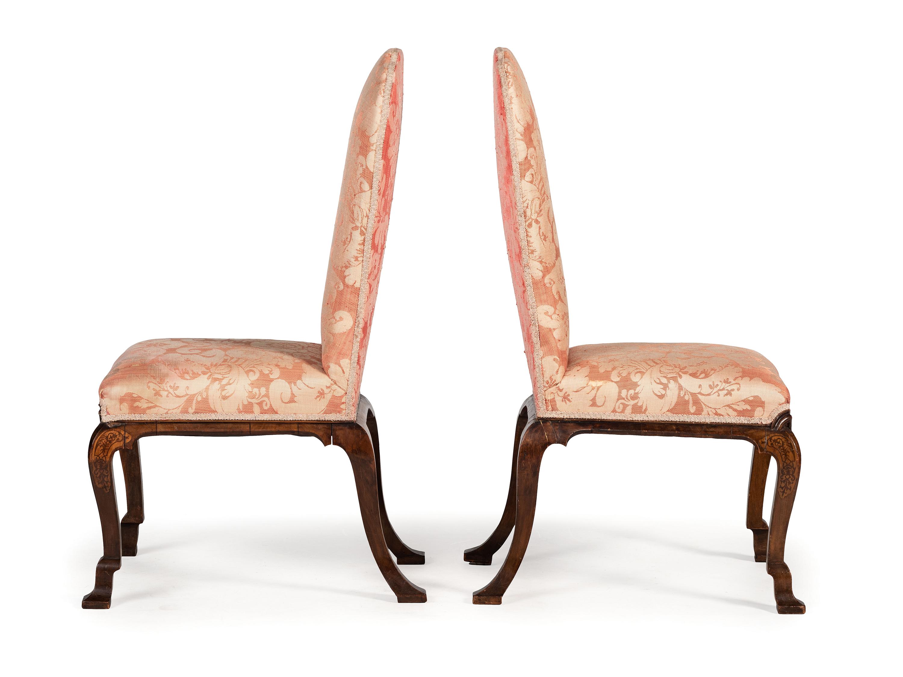 A Pair of William and Mary Style Marquetry Side Chairs