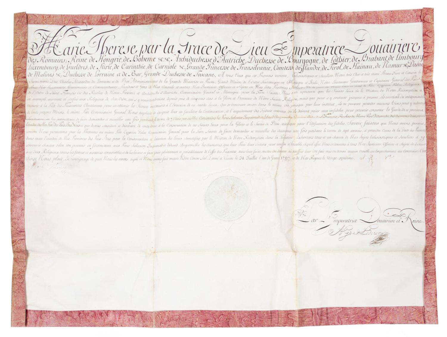 THERESIA, EMPRESS MARIA. Document signed. Vienna, July 31, 1767.