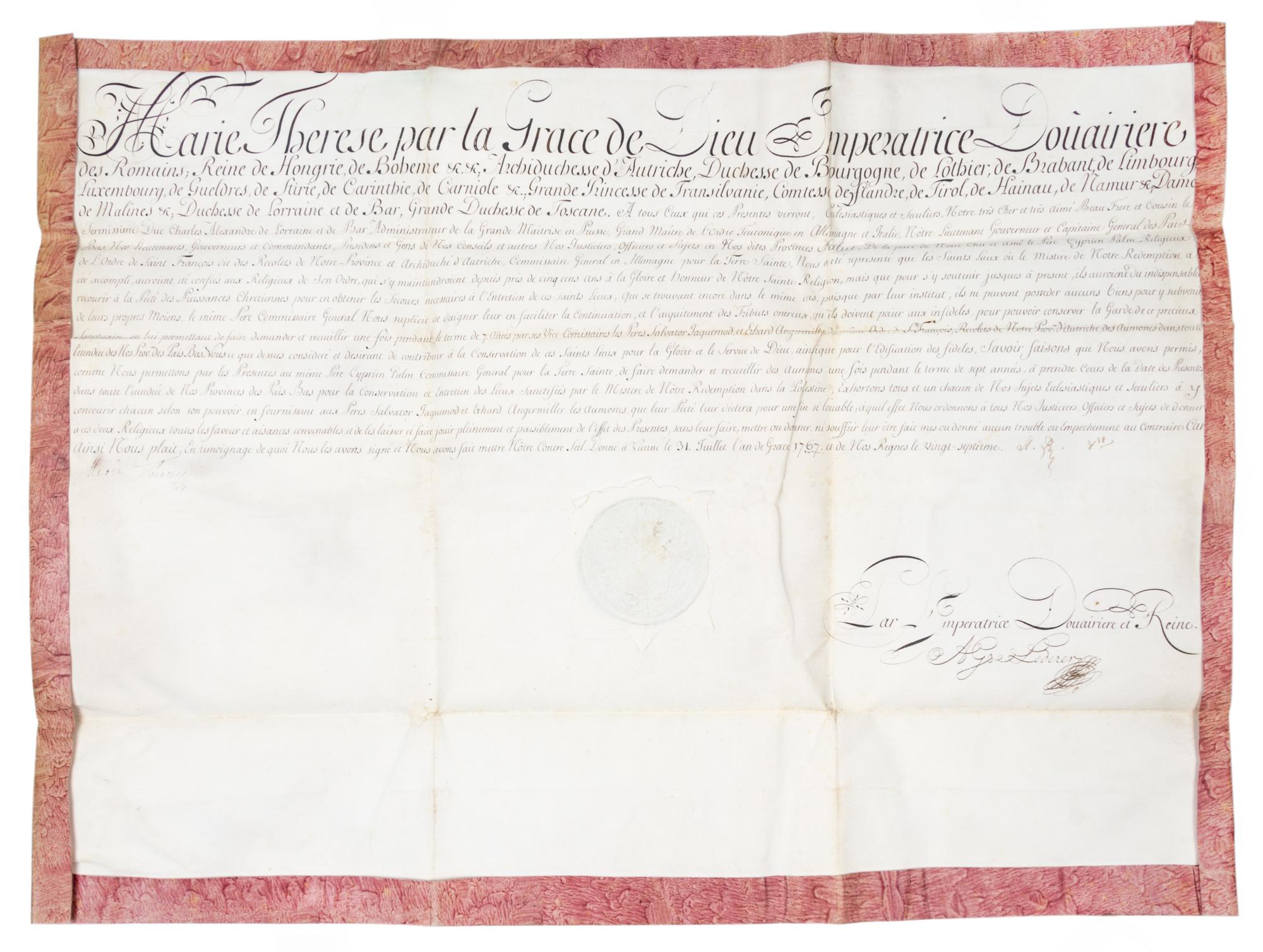 THERESIA, EMPRESS MARIA. Document signed. Vienna, July 31, 1767.