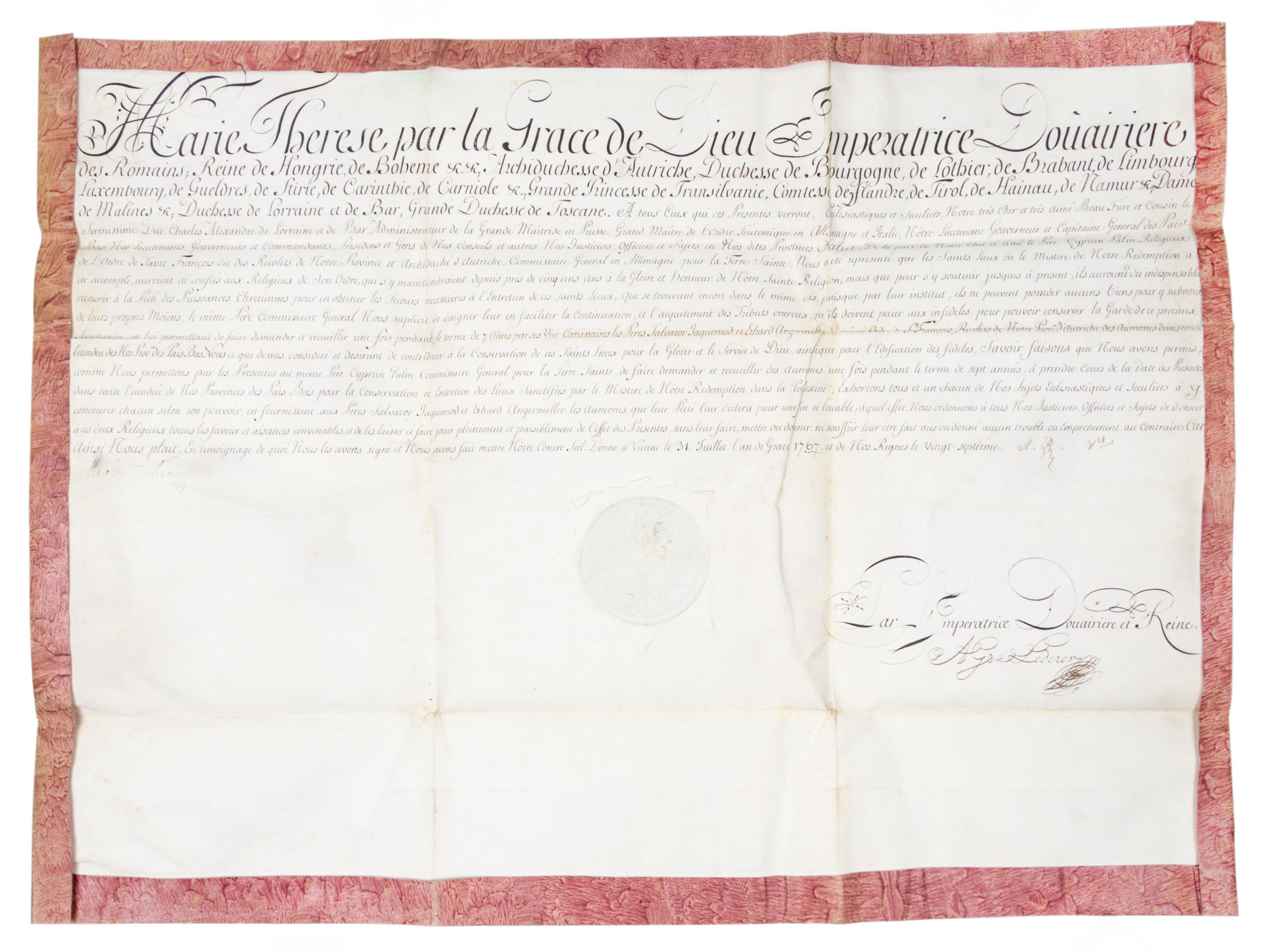 THERESIA, EMPRESS MARIA. Document signed. Vienna, July 31, 1767.