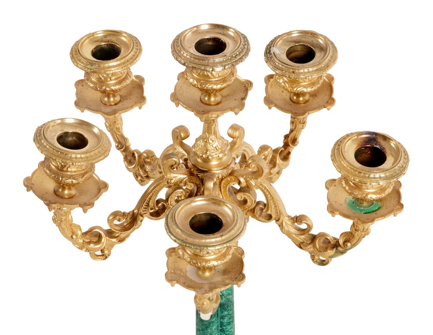 A Pair of French Gilt Bronze and Malachite Six-Light Candelabra