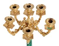 A Pair of French Gilt Bronze and Malachite Six-Light Candelabra