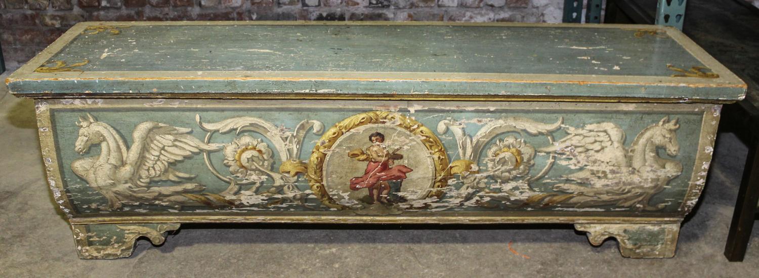 A Venetian Style Painted Chest Height 21 1/2 x width 65 1/4 x depth 19 inches. — 20TH CENTURY WITH EARLIER ELEMENTS