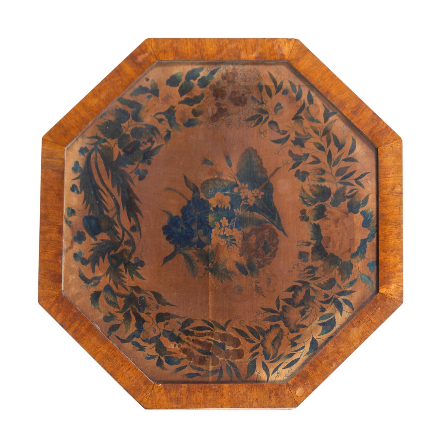 A Regency Painted Velvet, Glazed Hexagonal Table Top on Modern Stand
