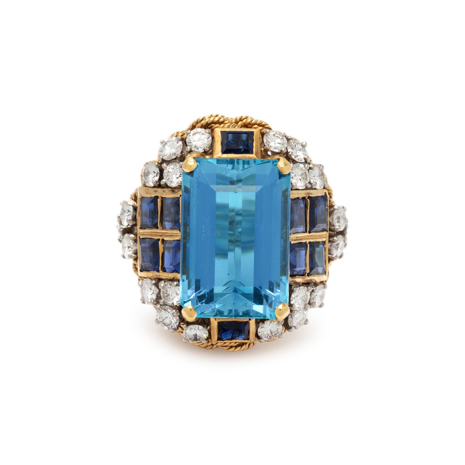 YELLOW GOLD, AQUAMARINE, SAPPHIRE AND DIAMOND RING