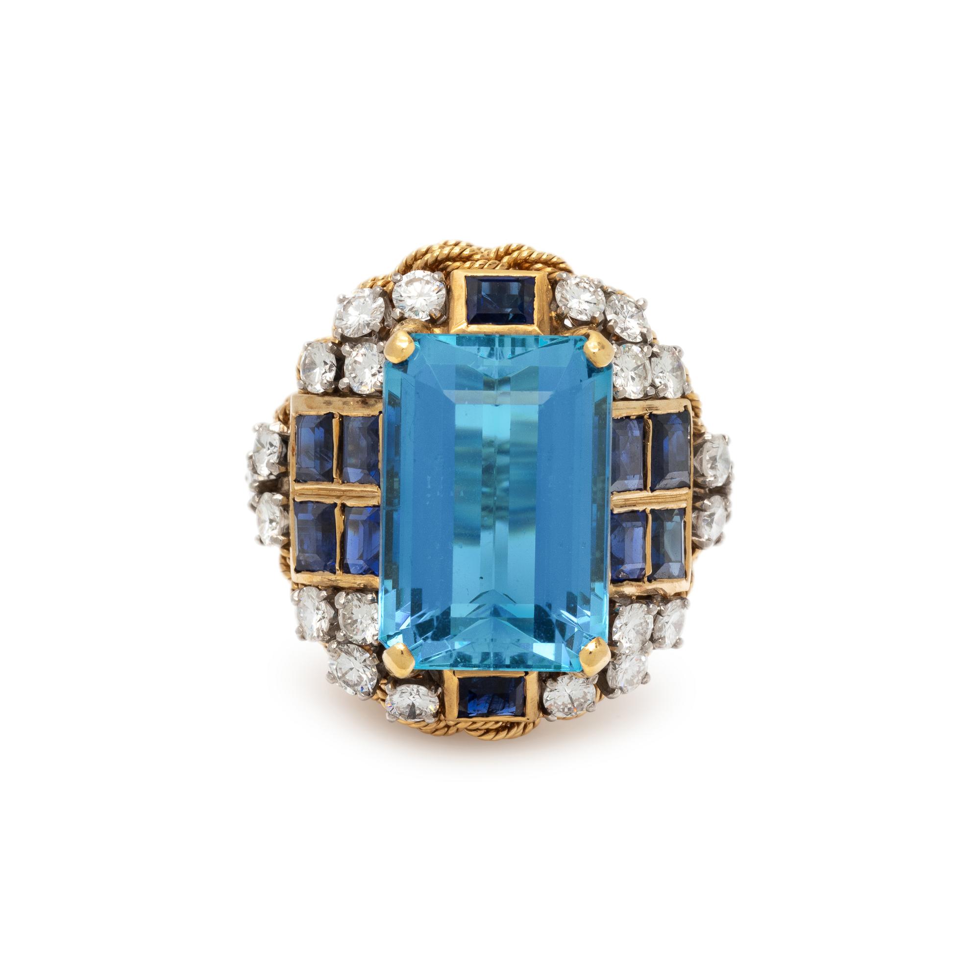 YELLOW GOLD, AQUAMARINE, SAPPHIRE AND DIAMOND RING
