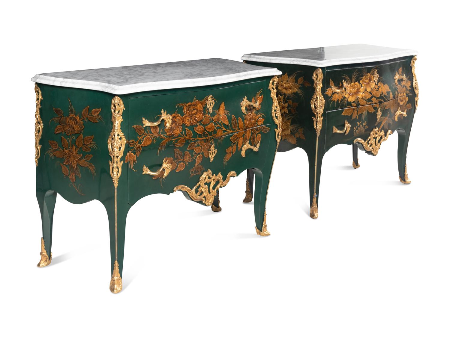 A Pair of Louis XV Style Gilt Bronze Mounted Painted Commodes