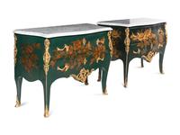 A Pair of Louis XV Style Gilt Bronze Mounted Painted Commodes