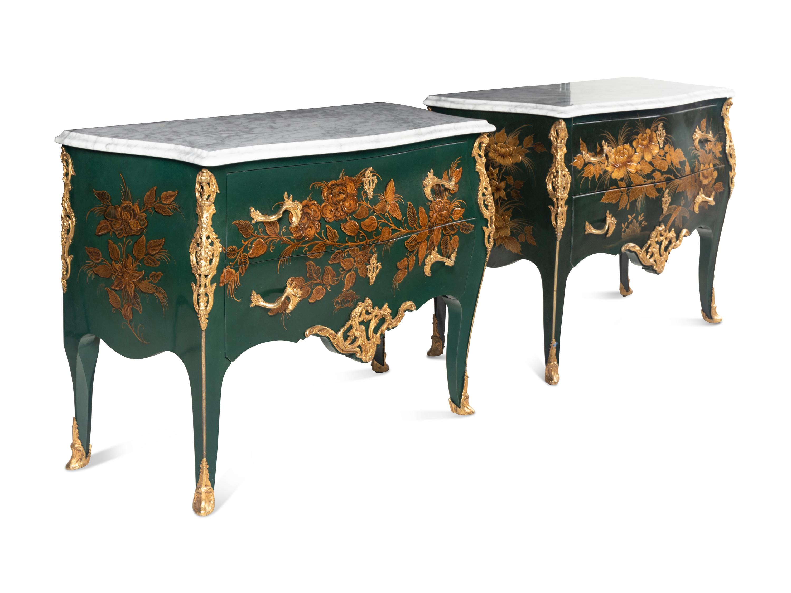 A Pair of Louis XV Style Gilt Bronze Mounted Painted Commodes