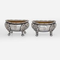 A silver water pitcher and two silver open salt cellars Taylor & Lawrie (active 1837-1862), retailed by Bailey & Kitchen (active 1833-1846), Philadelphia, circa 1840